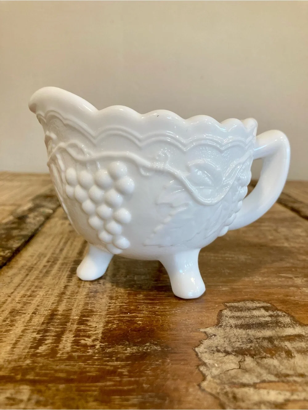Vintage Imperial Milk Glass Creamer with Embossed Grape Vine Pattern